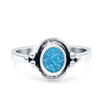 Petite Dainty Round Lab Created Blue Opal Solitaire Band Oxidized Braided 925 Sterling Silver